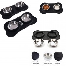 Bone Silicone Pet Mat with Stainless Steel Double Bowl